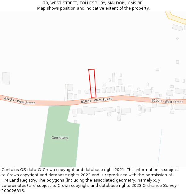 70, WEST STREET, TOLLESBURY, MALDON, CM9 8RJ: Location map and indicative extent of plot