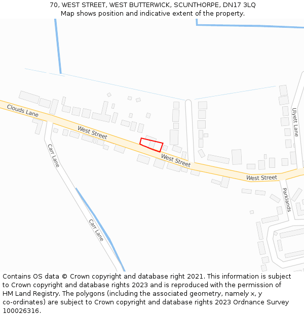 70, WEST STREET, WEST BUTTERWICK, SCUNTHORPE, DN17 3LQ: Location map and indicative extent of plot