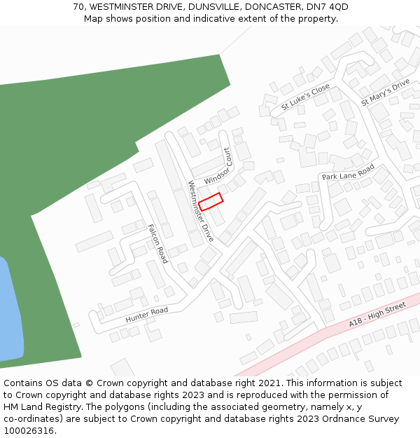 70, WESTMINSTER DRIVE, DUNSVILLE, DONCASTER, DN7 4QD: Location map and indicative extent of plot