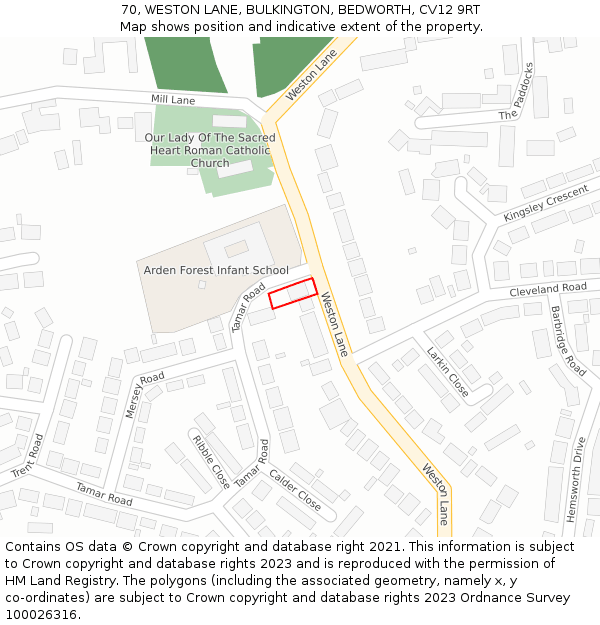 70, WESTON LANE, BULKINGTON, BEDWORTH, CV12 9RT: Location map and indicative extent of plot