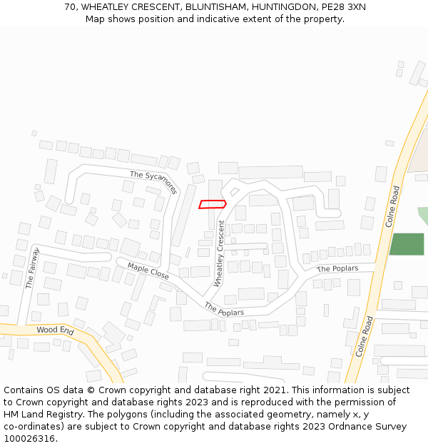 70, WHEATLEY CRESCENT, BLUNTISHAM, HUNTINGDON, PE28 3XN: Location map and indicative extent of plot