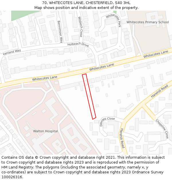 70, WHITECOTES LANE, CHESTERFIELD, S40 3HL: Location map and indicative extent of plot