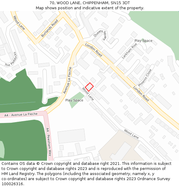 70, WOOD LANE, CHIPPENHAM, SN15 3DT: Location map and indicative extent of plot