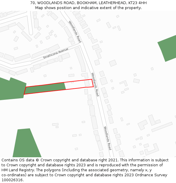 70, WOODLANDS ROAD, BOOKHAM, LEATHERHEAD, KT23 4HH: Location map and indicative extent of plot