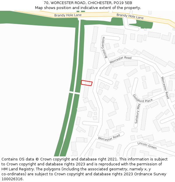 70, WORCESTER ROAD, CHICHESTER, PO19 5EB: Location map and indicative extent of plot