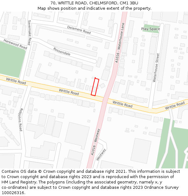 70, WRITTLE ROAD, CHELMSFORD, CM1 3BU: Location map and indicative extent of plot