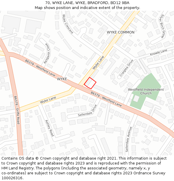 70, WYKE LANE, WYKE, BRADFORD, BD12 9BA: Location map and indicative extent of plot