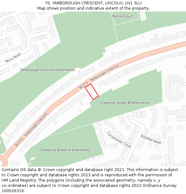70, YARBOROUGH CRESCENT, LINCOLN, LN1 3LU: Location map and indicative extent of plot