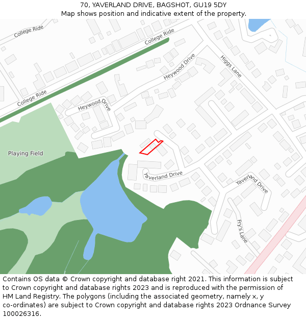 70, YAVERLAND DRIVE, BAGSHOT, GU19 5DY: Location map and indicative extent of plot