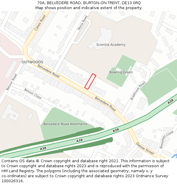 70A, BELVEDERE ROAD, BURTON-ON-TRENT, DE13 0RQ: Location map and indicative extent of plot
