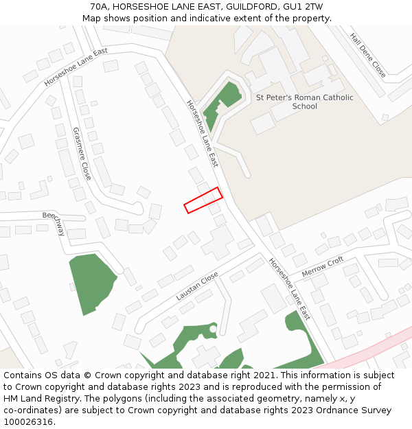 70A, HORSESHOE LANE EAST, GUILDFORD, GU1 2TW: Location map and indicative extent of plot