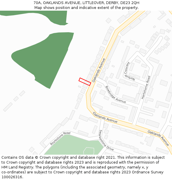 70A, OAKLANDS AVENUE, LITTLEOVER, DERBY, DE23 2QH: Location map and indicative extent of plot