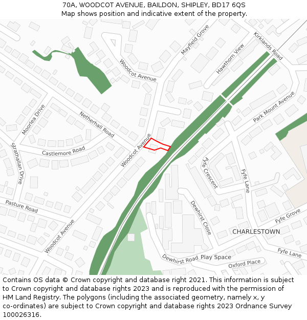 70A, WOODCOT AVENUE, BAILDON, SHIPLEY, BD17 6QS: Location map and indicative extent of plot