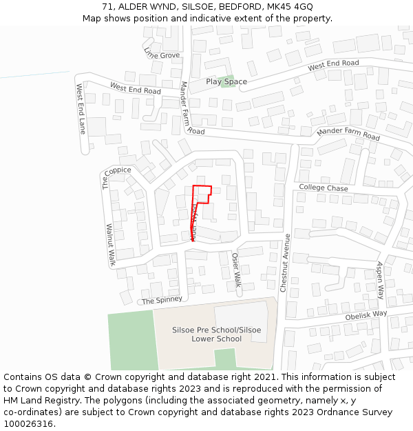 71, ALDER WYND, SILSOE, BEDFORD, MK45 4GQ: Location map and indicative extent of plot