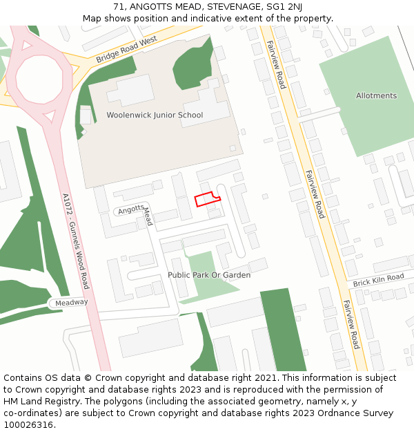 71, ANGOTTS MEAD, STEVENAGE, SG1 2NJ: Location map and indicative extent of plot