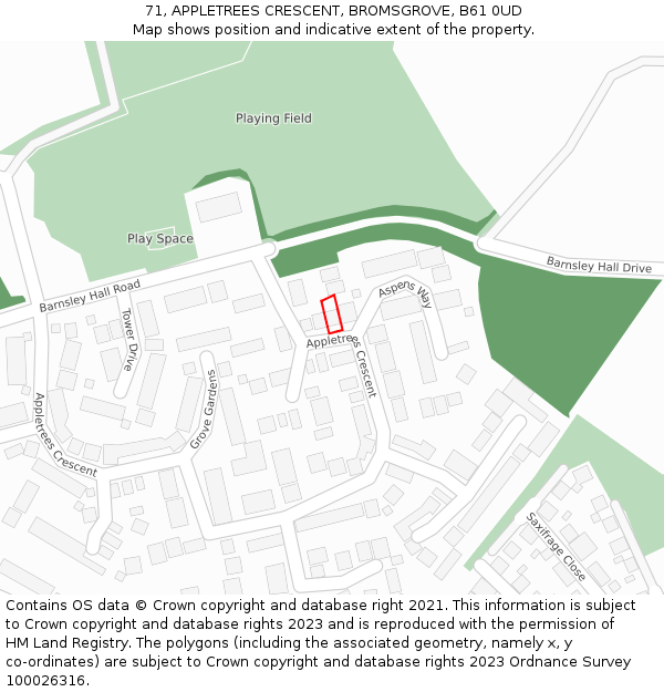71, APPLETREES CRESCENT, BROMSGROVE, B61 0UD: Location map and indicative extent of plot