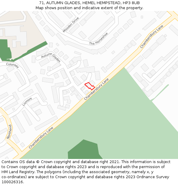 71, AUTUMN GLADES, HEMEL HEMPSTEAD, HP3 8UB: Location map and indicative extent of plot