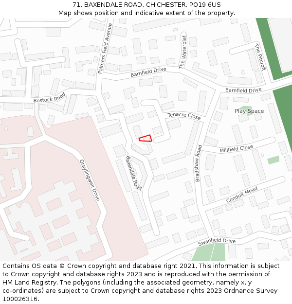 71, BAXENDALE ROAD, CHICHESTER, PO19 6US: Location map and indicative extent of plot
