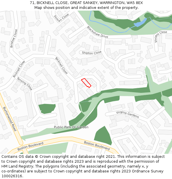 71, BICKNELL CLOSE, GREAT SANKEY, WARRINGTON, WA5 8EX: Location map and indicative extent of plot