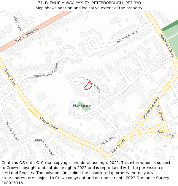 71, BLENHEIM WAY, YAXLEY, PETERBOROUGH, PE7 3YB: Location map and indicative extent of plot