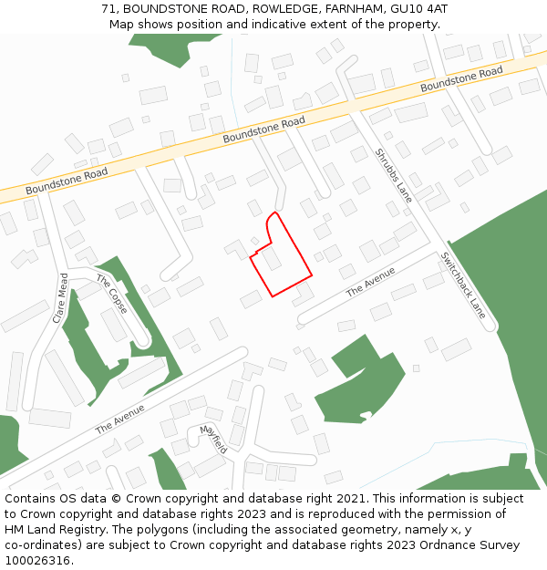 71, BOUNDSTONE ROAD, ROWLEDGE, FARNHAM, GU10 4AT: Location map and indicative extent of plot