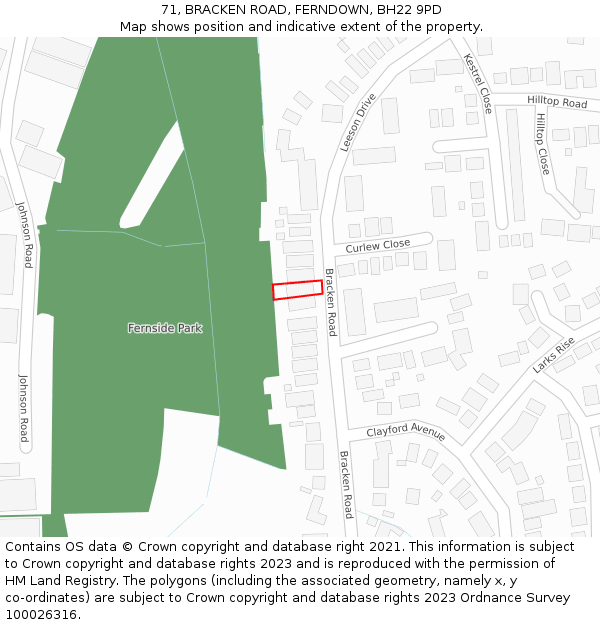 71, BRACKEN ROAD, FERNDOWN, BH22 9PD: Location map and indicative extent of plot