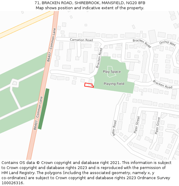 71, BRACKEN ROAD, SHIREBROOK, MANSFIELD, NG20 8FB: Location map and indicative extent of plot