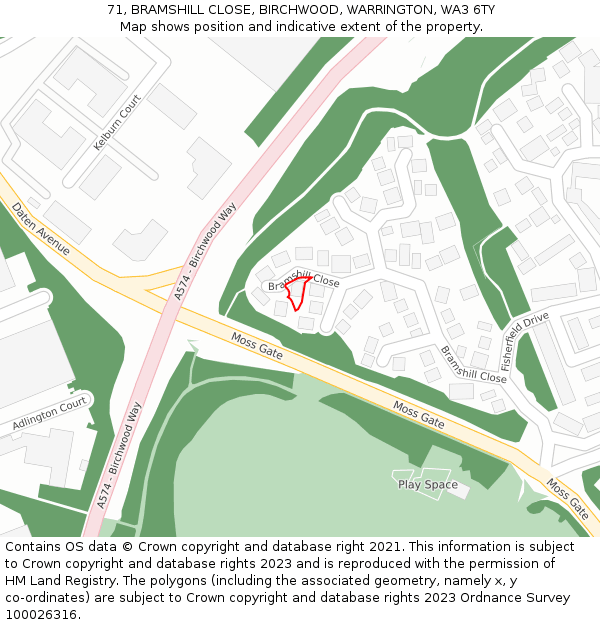 71, BRAMSHILL CLOSE, BIRCHWOOD, WARRINGTON, WA3 6TY: Location map and indicative extent of plot