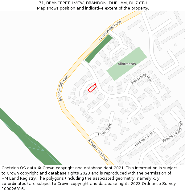 71, BRANCEPETH VIEW, BRANDON, DURHAM, DH7 8TU: Location map and indicative extent of plot