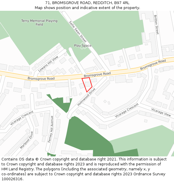 71, BROMSGROVE ROAD, REDDITCH, B97 4RL: Location map and indicative extent of plot