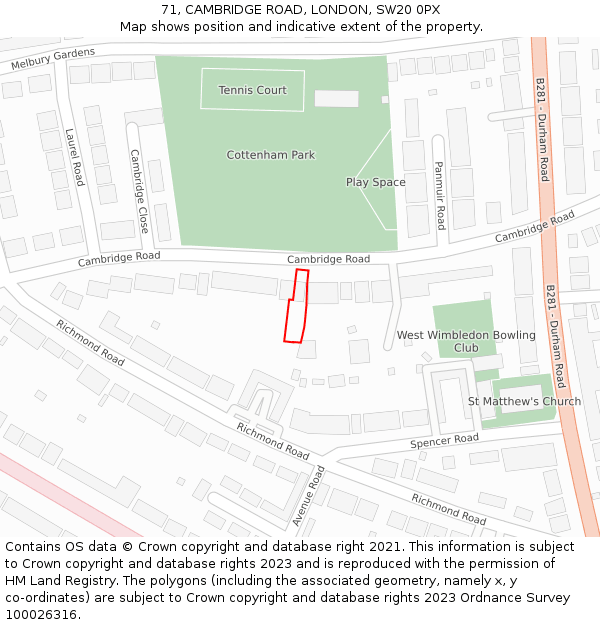 71, CAMBRIDGE ROAD, LONDON, SW20 0PX: Location map and indicative extent of plot