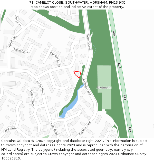 71, CAMELOT CLOSE, SOUTHWATER, HORSHAM, RH13 9XQ: Location map and indicative extent of plot