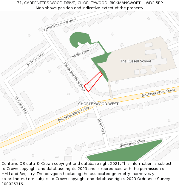 71, CARPENTERS WOOD DRIVE, CHORLEYWOOD, RICKMANSWORTH, WD3 5RP: Location map and indicative extent of plot