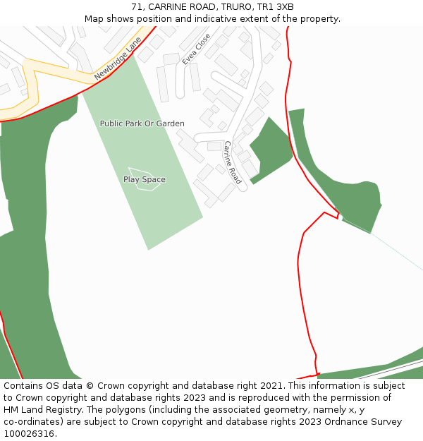 71, CARRINE ROAD, TRURO, TR1 3XB: Location map and indicative extent of plot