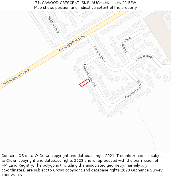 71, CAWOOD CRESCENT, SKIRLAUGH, HULL, HU11 5EW: Location map and indicative extent of plot