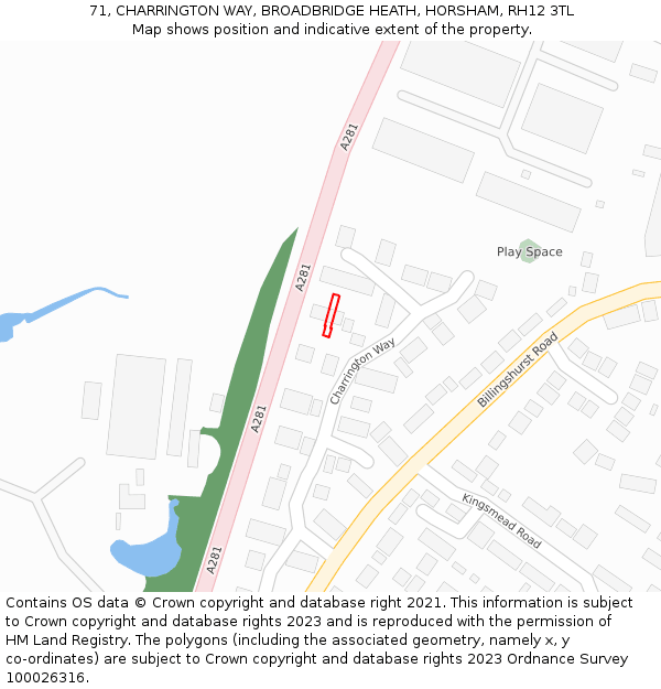 71, CHARRINGTON WAY, BROADBRIDGE HEATH, HORSHAM, RH12 3TL: Location map and indicative extent of plot