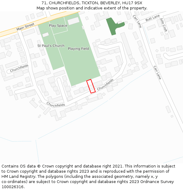 71, CHURCHFIELDS, TICKTON, BEVERLEY, HU17 9SX: Location map and indicative extent of plot