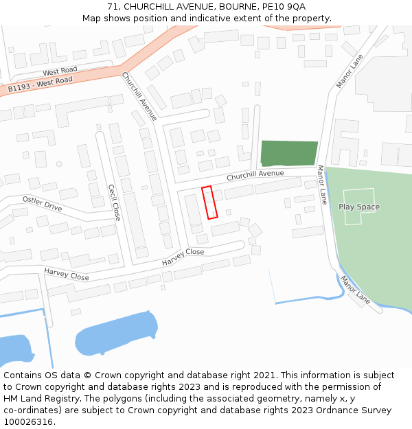 71, CHURCHILL AVENUE, BOURNE, PE10 9QA: Location map and indicative extent of plot