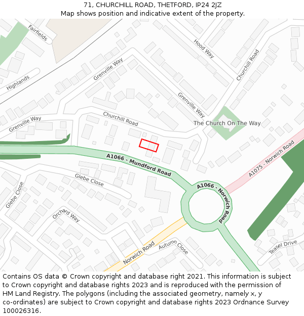 71, CHURCHILL ROAD, THETFORD, IP24 2JZ: Location map and indicative extent of plot