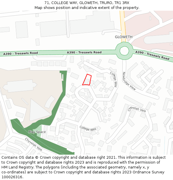 71, COLLEGE WAY, GLOWETH, TRURO, TR1 3RX: Location map and indicative extent of plot