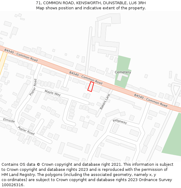 71, COMMON ROAD, KENSWORTH, DUNSTABLE, LU6 3RH: Location map and indicative extent of plot