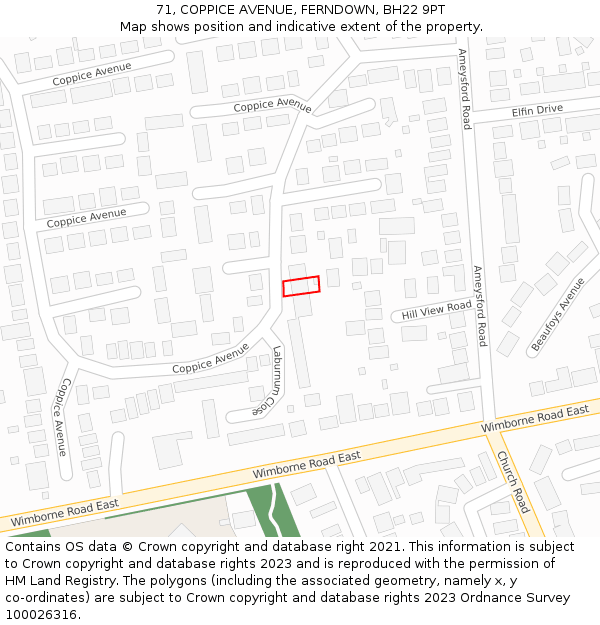 71, COPPICE AVENUE, FERNDOWN, BH22 9PT: Location map and indicative extent of plot