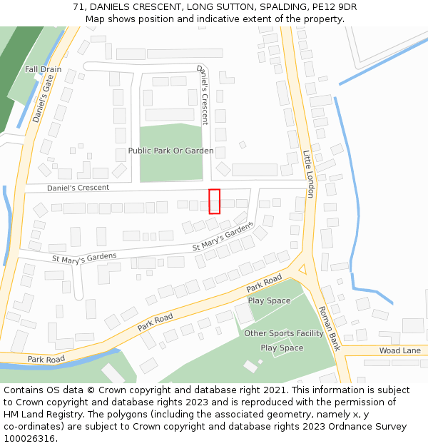 71, DANIELS CRESCENT, LONG SUTTON, SPALDING, PE12 9DR: Location map and indicative extent of plot