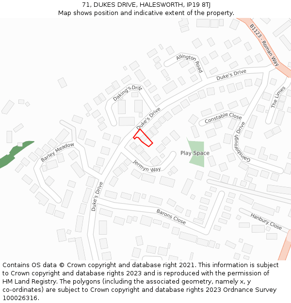 71, DUKES DRIVE, HALESWORTH, IP19 8TJ: Location map and indicative extent of plot