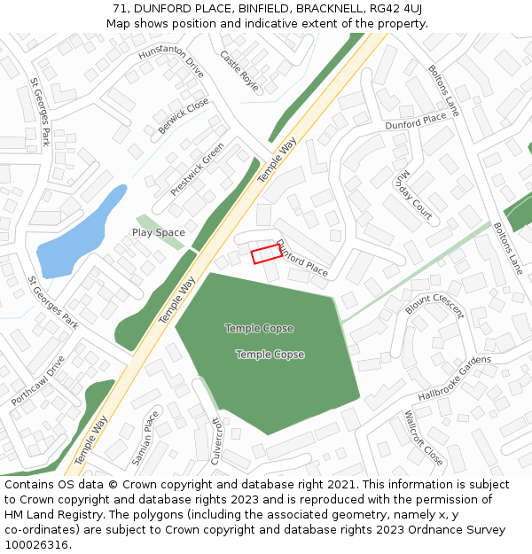 71, DUNFORD PLACE, BINFIELD, BRACKNELL, RG42 4UJ: Location map and indicative extent of plot