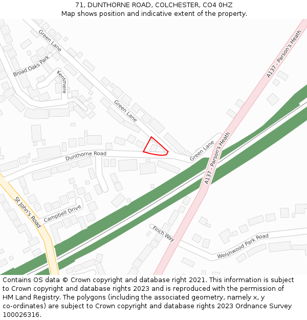71, DUNTHORNE ROAD, COLCHESTER, CO4 0HZ: Location map and indicative extent of plot