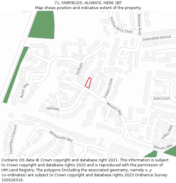 71, FAIRFIELDS, ALNWICK, NE66 1BT: Location map and indicative extent of plot