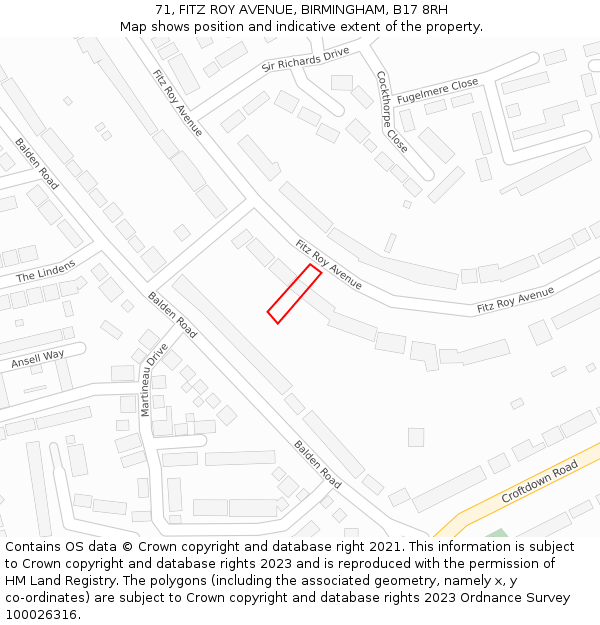 71, FITZ ROY AVENUE, BIRMINGHAM, B17 8RH: Location map and indicative extent of plot