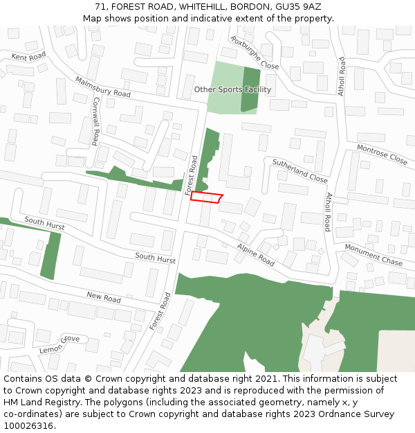 71, FOREST ROAD, WHITEHILL, BORDON, GU35 9AZ: Location map and indicative extent of plot