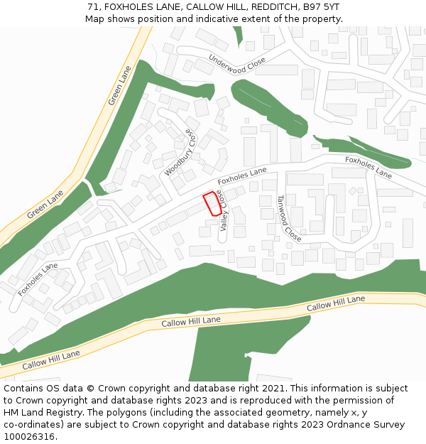 71, FOXHOLES LANE, CALLOW HILL, REDDITCH, B97 5YT: Location map and indicative extent of plot